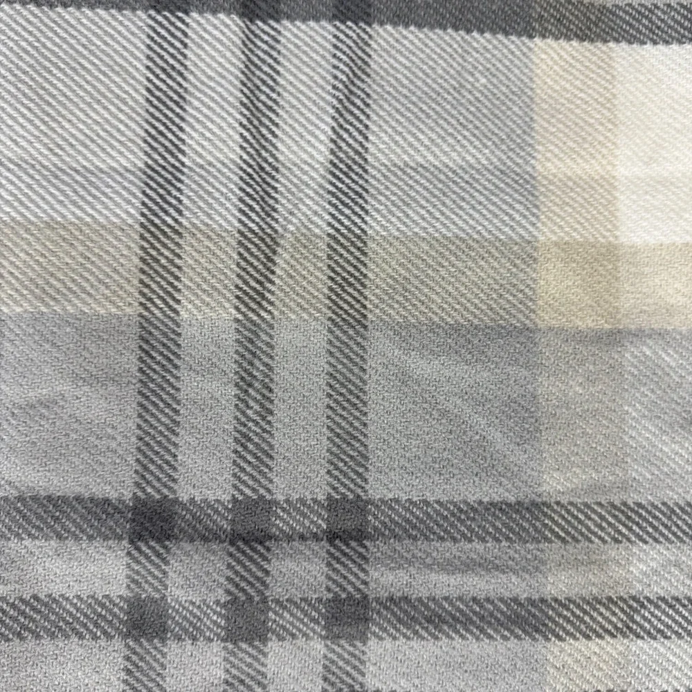 Pottery Barn Grey Beige Tan Plaid Fringe Throw Blanket 50x50 Soft Square